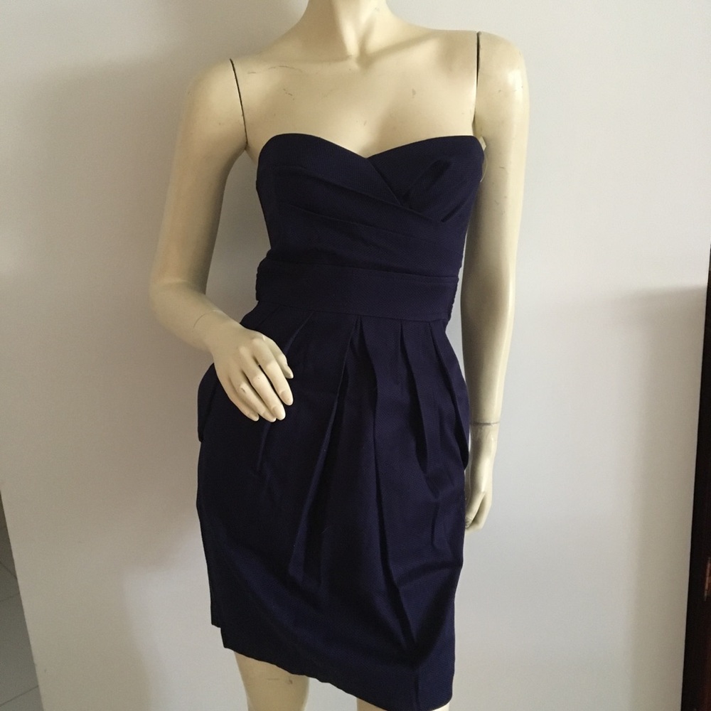 navy strapless sweetheart neckline mini dress with pockets
